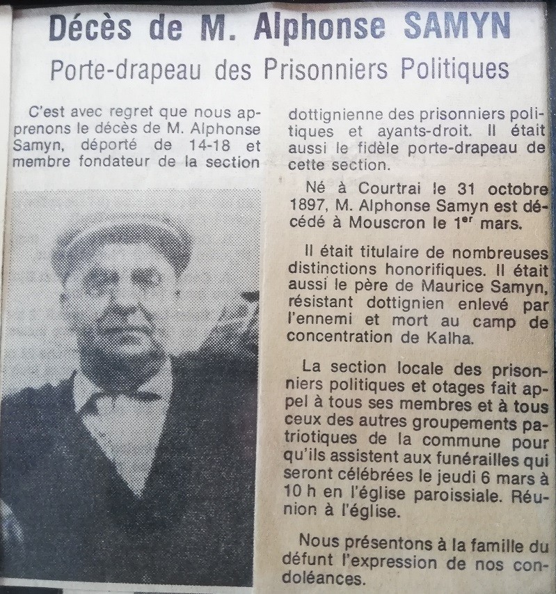 Article de journal sur le décès de Mr Alphonse Samyn